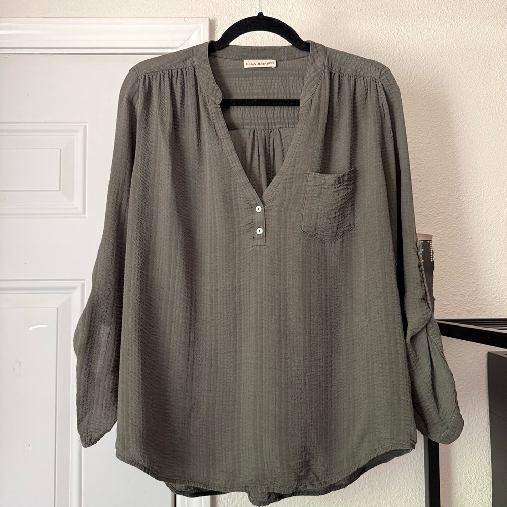 ULLA JOHNSON grey silk gauze roll tab long sleeve popover polo shirt blouse